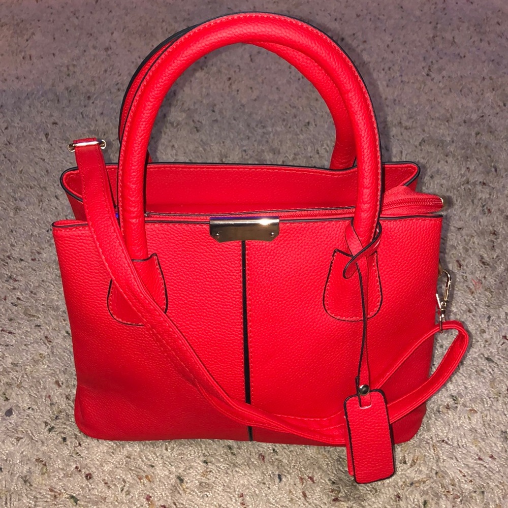 Red Leather satchel handbag with longstrap